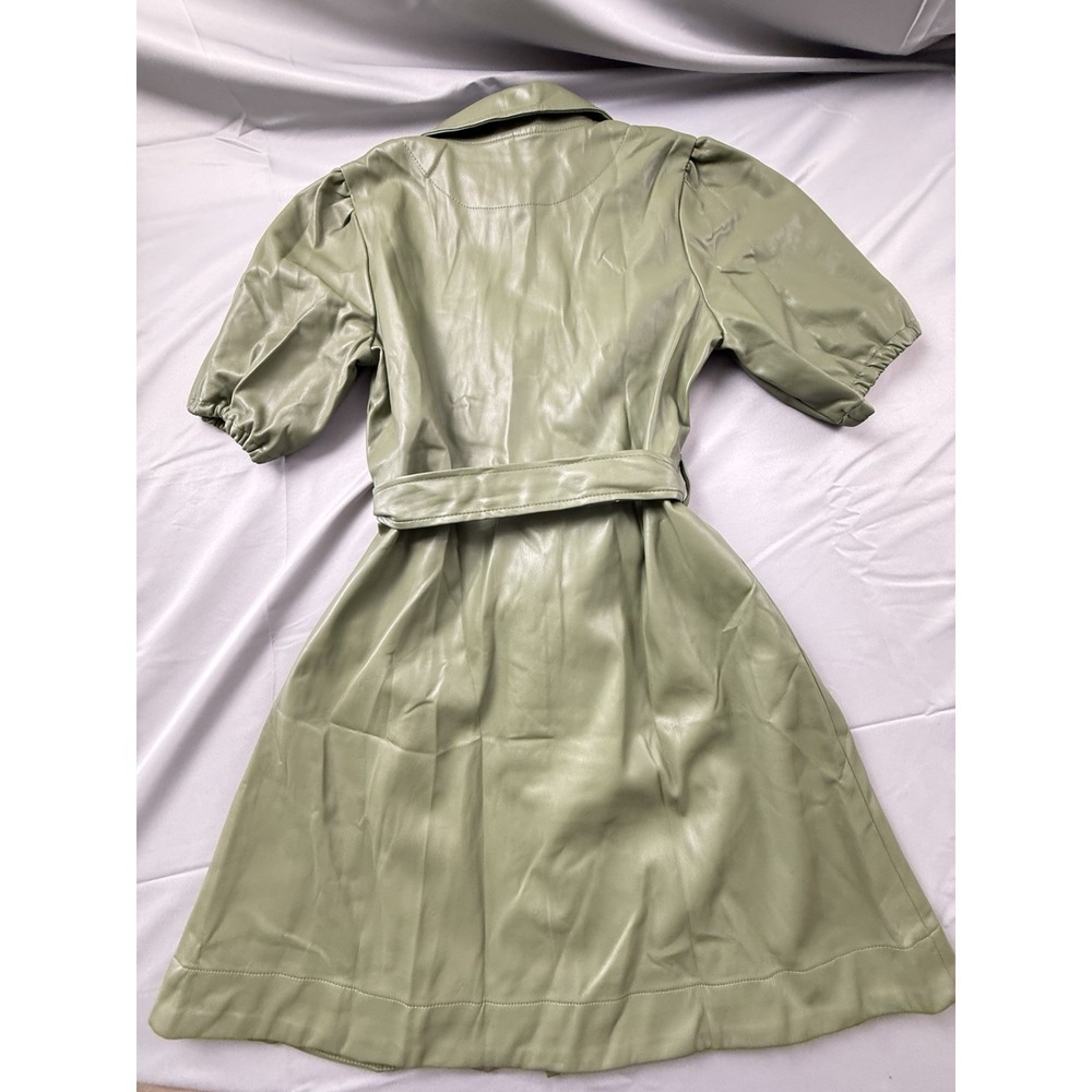 Ellison‎ Faux Leather Dress Sage Green Belted Puff Sleeve Quiet Luxury - Picture 6 of 16